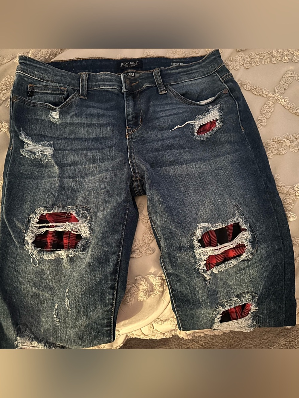 Judy Blue Distressed Plaid Inset Women’s Jeans - Dark Wash with Red Plaid